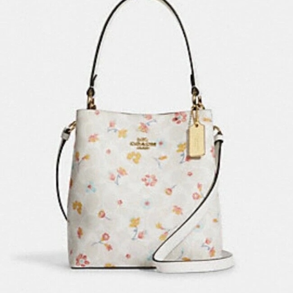 Coach White and Pink Floral Shoulder Bucket Bag